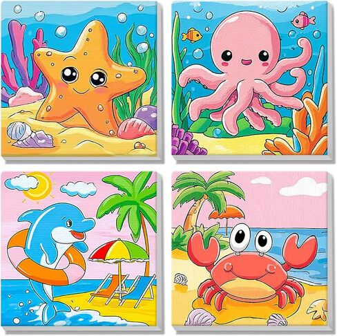 MISCER 4 Pack Paint by Numbers for Adults Beginner, Cute Sea Animals Paint by Number Kits for Kids, DIY Acrylic Oil Painting Suitable for Home Decoration (8x8inch) in Saudi Arabia
