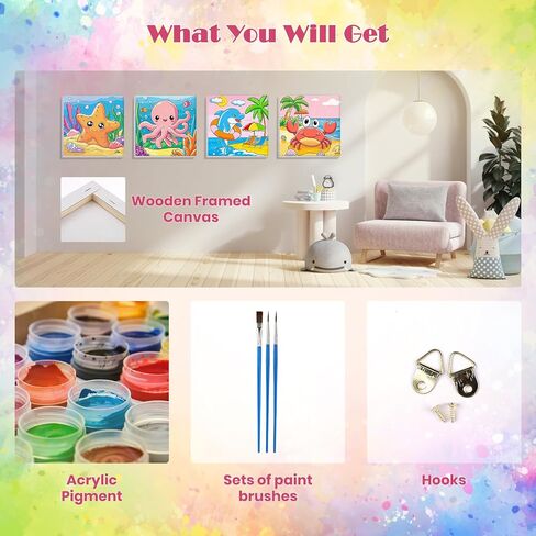 MISCER 4 Pack Paint by Numbers for Adults Beginner, Cute Sea Animals Paint by Number Kits for Kids, DIY Acrylic Oil Painting Suitable for Home Decoration (8x8inch) in Saudi Arabia
