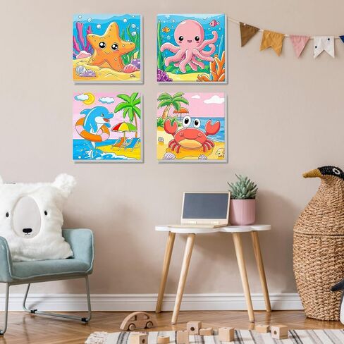 MISCER 4 Pack Paint by Numbers for Adults Beginner, Cute Sea Animals Paint by Number Kits for Kids, DIY Acrylic Oil Painting Suitable for Home Decoration (8x8inch) in Saudi Arabia