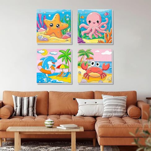 MISCER 4 Pack Paint by Numbers for Adults Beginner, Cute Sea Animals Paint by Number Kits for Kids, DIY Acrylic Oil Painting Suitable for Home Decoration (8x8inch) in Saudi Arabia