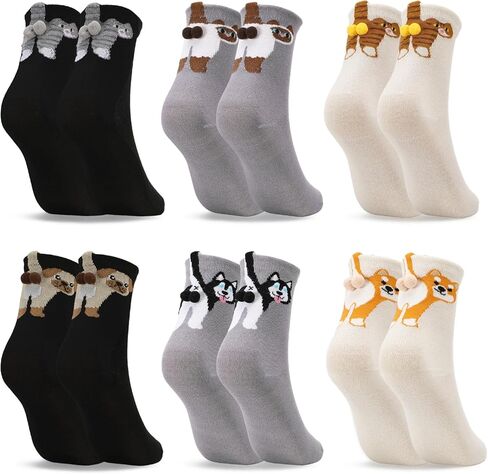 6 Pairs Cute Cat Socks with Balls, Women's Cat Dog Socks, 3D Novelty Cotton Funny Animal Crew Sock for Women Cats Lovers in Saudi Arabia