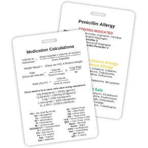 Medication Penicillin Allergy Calculation Safe Antibiotics Contraindications Conversions Acronym Card Badge Reel 6.7x9.9cm Plastic with Lanyard Clip Hole Reference Nurse EMT Paramedic Pharmacist in Kuwait