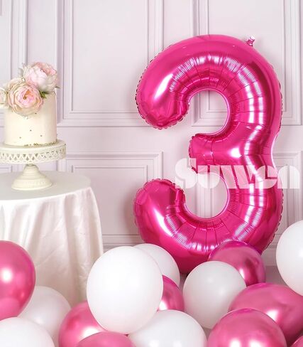 SUWEN 40 Inch Hot Pink Large 3 Number Balloons Big Foil Helium Number Balloons 0-9 Jumbo Happy 3rd Mylar Birthday Party Decorations for Girl Anniversary Party Supplies in Kuwait