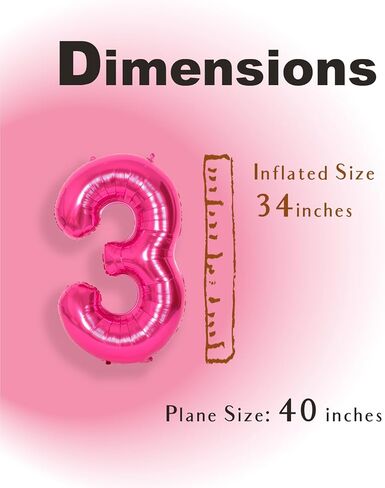 SUWEN 40 Inch Hot Pink Large 3 Number Balloons Big Foil Helium Number Balloons 0-9 Jumbo Happy 3rd Mylar Birthday Party Decorations for Girl Anniversary Party Supplies in Kuwait