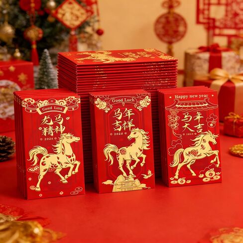 Chinese New Year Red Envelopes 2026, 18Pcs Year of the Horse Lunar Envelopes 6 Gold Embossed, Self-Sealing Thick Red Packet for Cash Gift, chinese new year decorations in Saudi Arabia