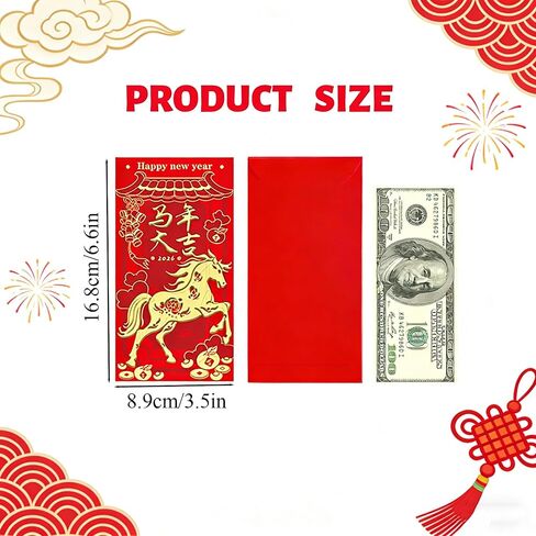 Chinese New Year Red Envelopes 2026, 18Pcs Year of the Horse Lunar Envelopes 6 Gold Embossed, Self-Sealing Thick Red Packet for Cash Gift, chinese new year decorations in Saudi Arabia