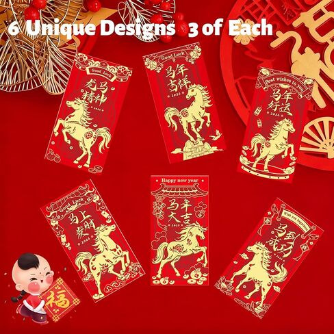 Chinese New Year Red Envelopes 2026, 18Pcs Year of the Horse Lunar Envelopes 6 Gold Embossed, Self-Sealing Thick Red Packet for Cash Gift, chinese new year decorations in Saudi Arabia
