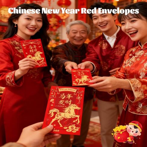 Chinese New Year Red Envelopes 2026, 18Pcs Year of the Horse Lunar Envelopes 6 Gold Embossed, Self-Sealing Thick Red Packet for Cash Gift, chinese new year decorations in Saudi Arabia