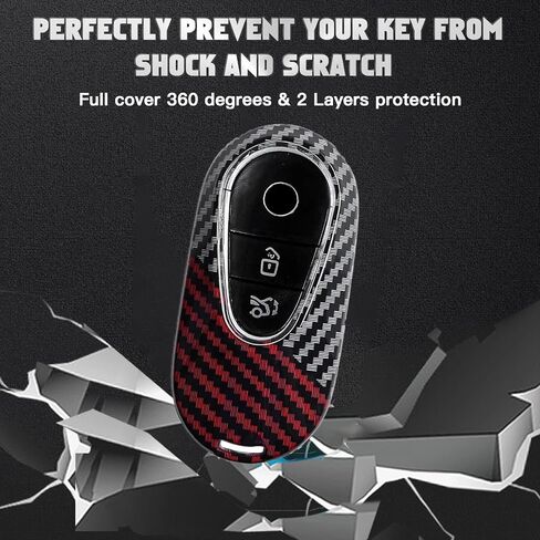 x xotic tech Glossy Black/Red Mix Color Carbon Fiber Texture Hard Plastic Key Fob Cover Case Keychain Compatible with Mercedes Benz C E S CLE GLC-Class W206 W214 X254 W223, EQS EQE Gen4 Oval Shape in Kuwait