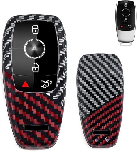 x xotic tech Glossy Black/Red Mix Color Carbon Fiber Texture Hard Plastic Key Fob Cover Case Keychain Compatible with Mercedes Benz C E S CLE GLC-Class W206 W214 X254 W223, EQS EQE Gen4 Oval Shape in Kuwait