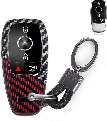 x xotic tech Glossy Black/Red Mix Color Carbon Fiber Texture Hard Plastic Key Fob Cover Case Keychain Compatible with Mercedes Benz C E S CLE GLC-Class W206 W214 X254 W223, EQS EQE Gen4 Oval Shape in Kuwait