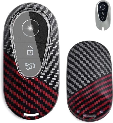 x xotic tech Glossy Black/Red Mix Color Carbon Fiber Texture Hard Plastic Key Fob Cover Case Keychain Compatible with Mercedes Benz C E S CLE GLC-Class W206 W214 X254 W223, EQS EQE Gen4 Oval Shape in Kuwait