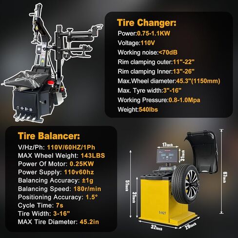 Tire Changer and Automatic Wheel Balancer Combo with Rear-Tilt & Auto Measurement, 110V for 10-26" Rims, Premium Tire Shop Equipment in Saudi Arabia