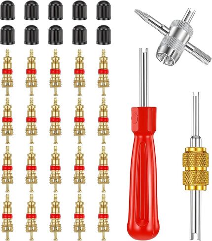 Car Tire Repair Tools Tire-Valve Core Remover Valve Stem Removal Tool Kit with 4-Way Valve Tool, 10 Pcs Valves Stem Caps, 20 Pcs Valves Cores for Cars Trucks Motorcycles Bicyclescs in Kuwait