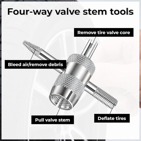Car Tire Repair Tools Tire-Valve Core Remover Valve Stem Removal Tool Kit with 4-Way Valve Tool, 10 Pcs Valves Stem Caps, 20 Pcs Valves Cores for Cars Trucks Motorcycles Bicyclescs in Kuwait