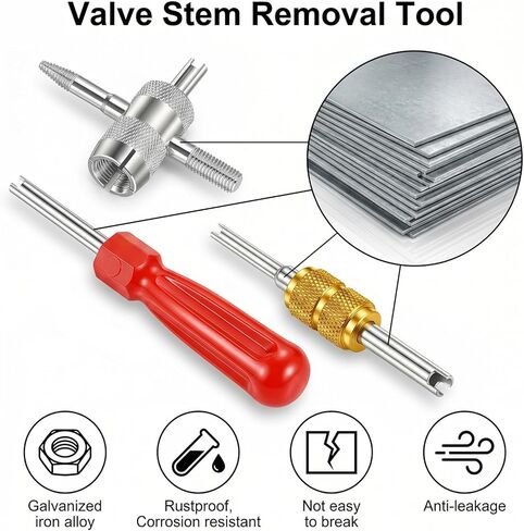 Car Tire Repair Tools Tire-Valve Core Remover Valve Stem Removal Tool Kit with 4-Way Valve Tool, 10 Pcs Valves Stem Caps, 20 Pcs Valves Cores for Cars Trucks Motorcycles Bicyclescs in Kuwait