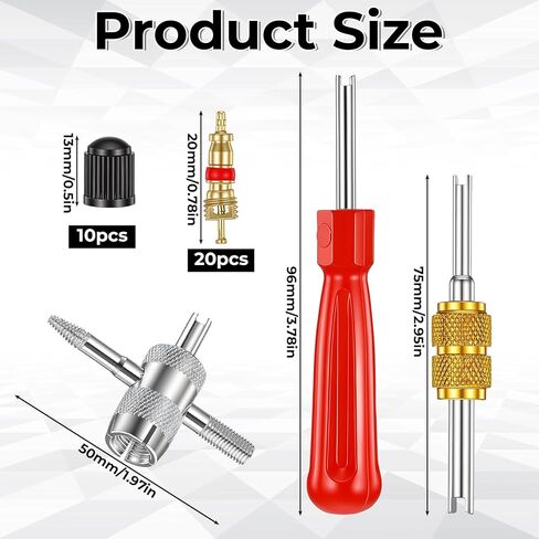 Car Tire Repair Tools Tire-Valve Core Remover Valve Stem Removal Tool Kit with 4-Way Valve Tool, 10 Pcs Valves Stem Caps, 20 Pcs Valves Cores for Cars Trucks Motorcycles Bicyclescs in Kuwait