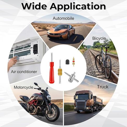 Car Tire Repair Tools Tire-Valve Core Remover Valve Stem Removal Tool Kit with 4-Way Valve Tool, 10 Pcs Valves Stem Caps, 20 Pcs Valves Cores for Cars Trucks Motorcycles Bicyclescs in Kuwait