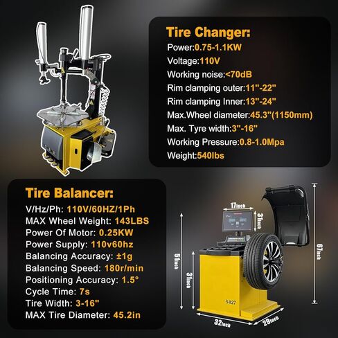 Tire Changer and Automatic Wheel Balancer Combo with Bead Blaster & Auto Measurement, 110V for 10-26" Rims, Professional Tire Shop Equipment in Saudi Arabia