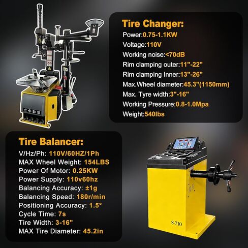 Tire Changer and Wheel Balancer Combo with Rear-Tilt System & Multiple Modes, 110V for 10-26" Rims, Complete Tire Service Package for Workshops in Saudi Arabia