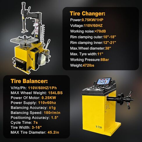 1.5HP Tire Changer and Wheel Balancer Combo with Assist Arms & Multiple Modes, 110V for 10-24" Rims, Complete Tire Service Equipment for Workshop in Saudi Arabia