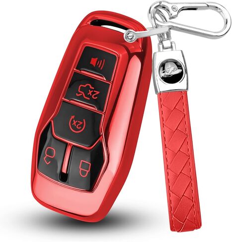 QBUC لغطاء Ford Key Fob مع سلسلة مفاتيح جلدية، واقي حافظة مفتاح السيارة الناعم من مادة TPU لسيارة Ford Mustang Fusion F150 Explorer Edge Lincoln MKC MKX MKZ المفتاح الذكي، 5 أزرار (وردي) in Kuwait