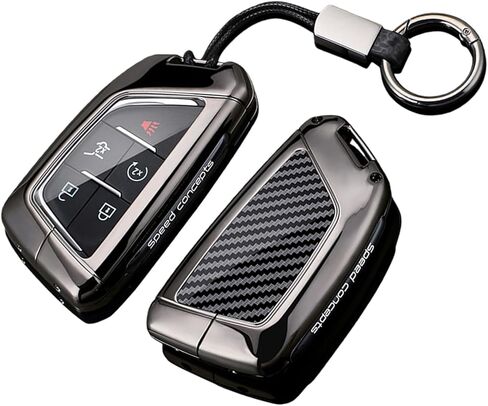 حافظة غطاء مفتاح Fob متوافقة مع Cadillac Lyriq 2025 2024 نسيج كربوني وحامل مفاتيح سيارة معدني لـ Optiq 2025 Vistiq 2026 Escalade CT4 CT5 CT6 CTS ATS XT4 2020-up، أسود in Kuwait