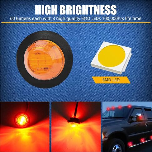3/4 Inch LED Trailer Marker Lights - 6 Amber + 6 Yellow, IP67 Waterproof, 12 Volt Universal Fit Mini Clearance Lights for Suitable for trucks, trailers, vans, buses, RVs, and boats in Saudi Arabia