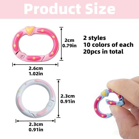 20pcs Colorful Keychain Clasps for Crafts Bag Charms, Y2K Heart Shaped Oval O Ring Spring Ring Set, Quick Release to Prevent Loss, DIY Jewelry Making, Purse Handbag Hardware, Patterned Metal in Saudi Arabia