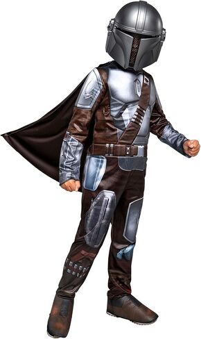 STAR WARS The Mandalorian Official Youth Halloween Costume - Premium Quality Padded Jumpsuit with Plastic Mask and Detachable Cape (M) in Kuwait