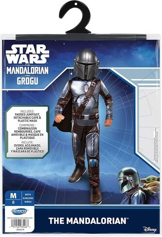 STAR WARS The Mandalorian Official Youth Halloween Costume - Premium Quality Padded Jumpsuit with Plastic Mask and Detachable Cape (M) in Kuwait