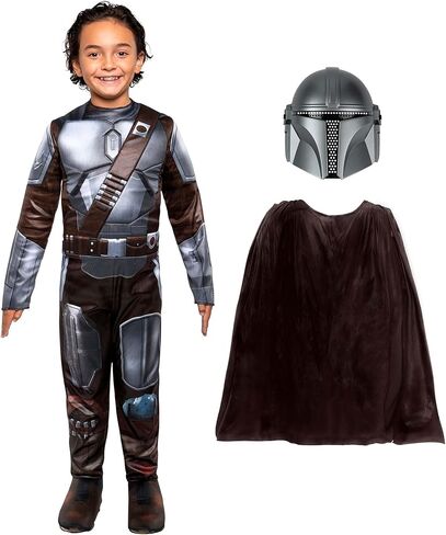 STAR WARS The Mandalorian Official Youth Halloween Costume - Premium Quality Padded Jumpsuit with Plastic Mask and Detachable Cape (M) in Kuwait