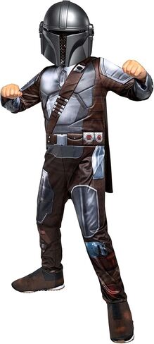 STAR WARS The Mandalorian Official Youth Halloween Costume - Premium Quality Padded Jumpsuit with Plastic Mask and Detachable Cape (M) in Kuwait