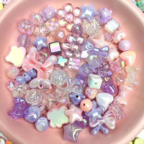 50g Pink Purple Acrylic Beads - Kawaii Flower Star Bow Heart Cute Beads for Jewelry Making Aesthetic DIY Handmade Bracelets Necklaces Keychain Phone Chain Accessories (Pinkish Purple) in Saudi Arabia
