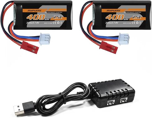 7.4V 400mAh LiPo Batteries with 2-in-1 USB Charger Cable, 25C Rechargeable RC Battery Pack for Volantexrc Brushless 500mm RC Plane P51/F4U Corsair/Spitfire Fighter in Saudi Arabia