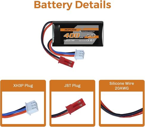 7.4V 400mAh LiPo Batteries with 2-in-1 USB Charger Cable, 25C Rechargeable RC Battery Pack for Volantexrc Brushless 500mm RC Plane P51/F4U Corsair/Spitfire Fighter in Saudi Arabia