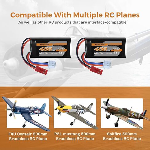 7.4V 400mAh LiPo Batteries with 2-in-1 USB Charger Cable, 25C Rechargeable RC Battery Pack for Volantexrc Brushless 500mm RC Plane P51/F4U Corsair/Spitfire Fighter in Saudi Arabia