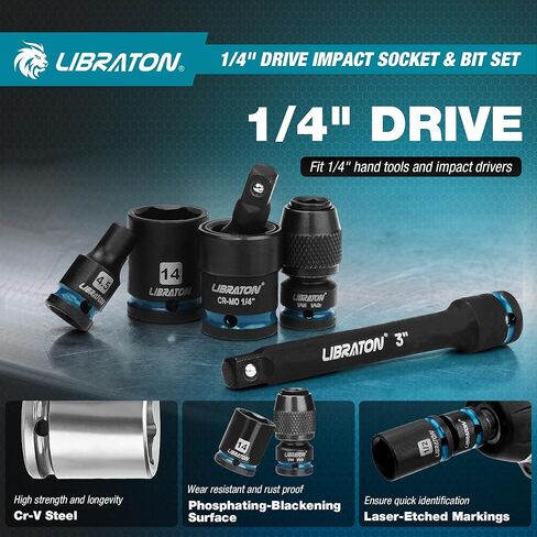 LIBRATON 71 قطعة 1/4 مقبس تأثير ومجموعة لقم، SAE (5/32-9/16 بوصة) ومجموعة مقابس تأثير متري (4-15 مم)، مقبس مفك تأثير Cr-V، لقم مفك براغي S2، مقبض سقاطة 90 سن، مقبض دوار in Kuwait