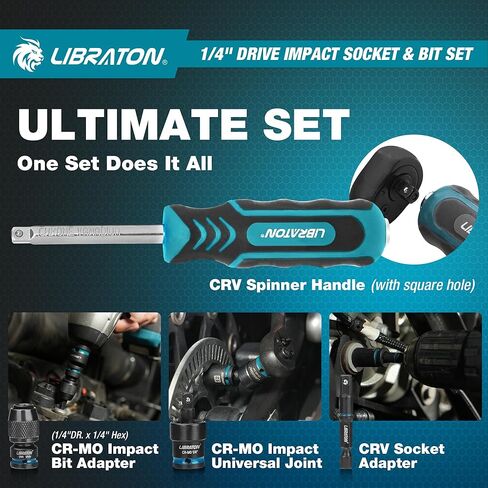 LIBRATON 71 قطعة 1/4 مقبس تأثير ومجموعة لقم، SAE (5/32-9/16 بوصة) ومجموعة مقابس تأثير متري (4-15 مم)، مقبس مفك تأثير Cr-V، لقم مفك براغي S2، مقبض سقاطة 90 سن، مقبض دوار in Kuwait