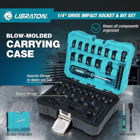 LIBRATON 71 قطعة 1/4 مقبس تأثير ومجموعة لقم، SAE (5/32-9/16 بوصة) ومجموعة مقابس تأثير متري (4-15 مم)، مقبس مفك تأثير Cr-V، لقم مفك براغي S2، مقبض سقاطة 90 سن، مقبض دوار in Kuwait