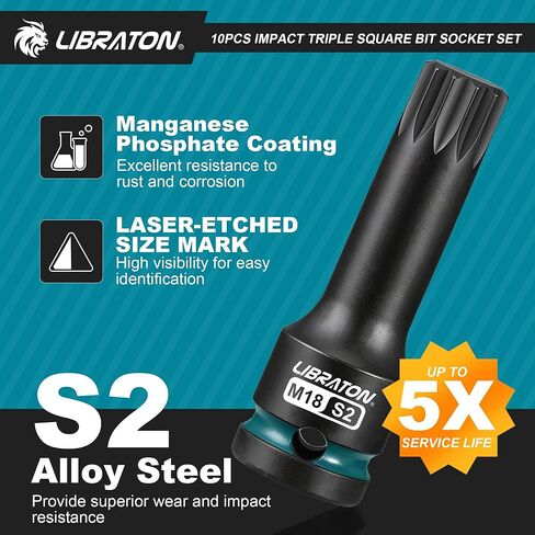 مجموعة مقابس LIBRATON 10 قطع Impact XZN ثلاثية مربعة الشكل، 1/2 بوصة Dr، S2 فولاذ، مقابس عزم دوران عالية 12 نقطة (متري M5-M18) للميكانيكا الاحترافية وإصلاح السيارات (حقيبة تخزين XPE) in Kuwait