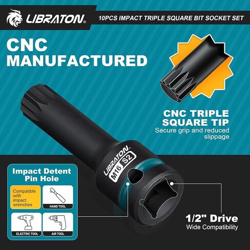 مجموعة مقابس LIBRATON 10 قطع Impact XZN ثلاثية مربعة الشكل، 1/2 بوصة Dr، S2 فولاذ، مقابس عزم دوران عالية 12 نقطة (متري M5-M18) للميكانيكا الاحترافية وإصلاح السيارات (حقيبة تخزين XPE) in Kuwait