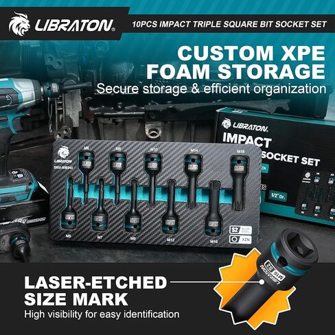 مجموعة مقابس LIBRATON 10 قطع Impact XZN ثلاثية مربعة الشكل، 1/2 بوصة Dr، S2 فولاذ، مقابس عزم دوران عالية 12 نقطة (متري M5-M18) للميكانيكا الاحترافية وإصلاح السيارات (حقيبة تخزين XPE) in Kuwait