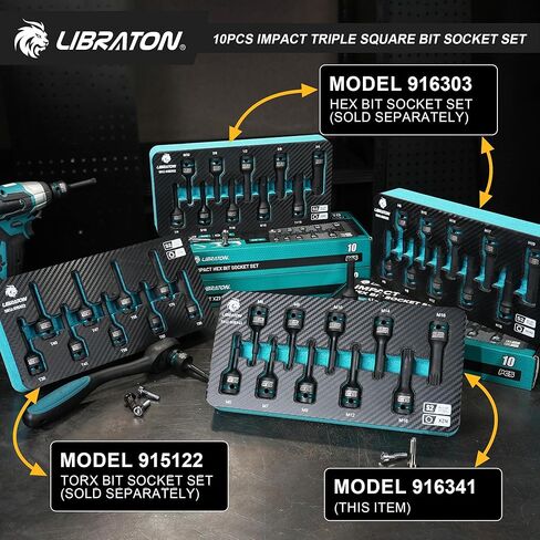 مجموعة مقابس LIBRATON 10 قطع Impact XZN ثلاثية مربعة الشكل، 1/2 بوصة Dr، S2 فولاذ، مقابس عزم دوران عالية 12 نقطة (متري M5-M18) للميكانيكا الاحترافية وإصلاح السيارات (حقيبة تخزين XPE) in Kuwait