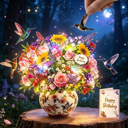 Musical Birthday Card, 3D Hummingbird Oasis Bouquet Pop Up Card with Music & Lights, 10 Inch Forever Floral Bouquet, Happy Birthday Card/ Gifts for Women, Mom, Wife, Girls – Includes Notecard and Envelope in Saudi Arabia