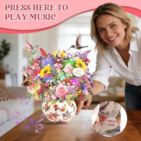 بطاقة عيد ميلاد موسيقية، بطاقة منبثقة ثلاثية الأبعاد من Hummingbird Oasis Bouquet مع موسيقى وأضواء، باقة زهور للأبد مقاس 10 بوصات، بطاقة عيد ميلاد سعيد/هدايا للنساء والأم والزوجة والفتيات - تتضمن بطاقة ملاحظات ومظروف in Kuwait
