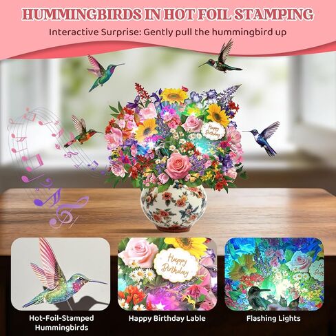 بطاقة عيد ميلاد موسيقية، بطاقة منبثقة ثلاثية الأبعاد من Hummingbird Oasis Bouquet مع موسيقى وأضواء، باقة زهور للأبد مقاس 10 بوصات، بطاقة عيد ميلاد سعيد/هدايا للنساء والأم والزوجة والفتيات - تتضمن بطاقة ملاحظات ومظروف in Kuwait