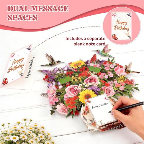 بطاقة عيد ميلاد موسيقية، بطاقة منبثقة ثلاثية الأبعاد من Hummingbird Oasis Bouquet مع موسيقى وأضواء، باقة زهور للأبد مقاس 10 بوصات، بطاقة عيد ميلاد سعيد/هدايا للنساء والأم والزوجة والفتيات - تتضمن بطاقة ملاحظات ومظروف in Kuwait