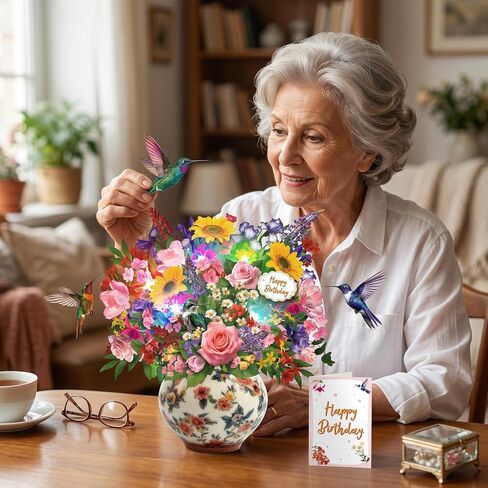 بطاقة عيد ميلاد موسيقية، بطاقة منبثقة ثلاثية الأبعاد من Hummingbird Oasis Bouquet مع موسيقى وأضواء، باقة زهور للأبد مقاس 10 بوصات، بطاقة عيد ميلاد سعيد/هدايا للنساء والأم والزوجة والفتيات - تتضمن بطاقة ملاحظات ومظروف in Kuwait