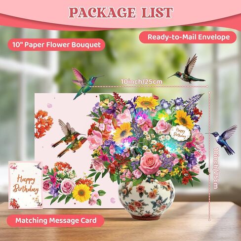 بطاقة عيد ميلاد موسيقية، بطاقة منبثقة ثلاثية الأبعاد من Hummingbird Oasis Bouquet مع موسيقى وأضواء، باقة زهور للأبد مقاس 10 بوصات، بطاقة عيد ميلاد سعيد/هدايا للنساء والأم والزوجة والفتيات - تتضمن بطاقة ملاحظات ومظروف in Kuwait
